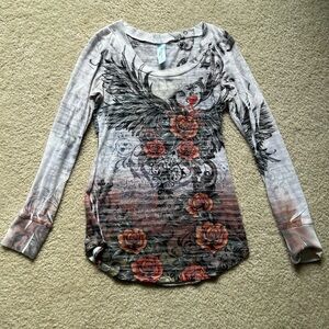 Elegant Rose and Wing Design Long Sleeve Top